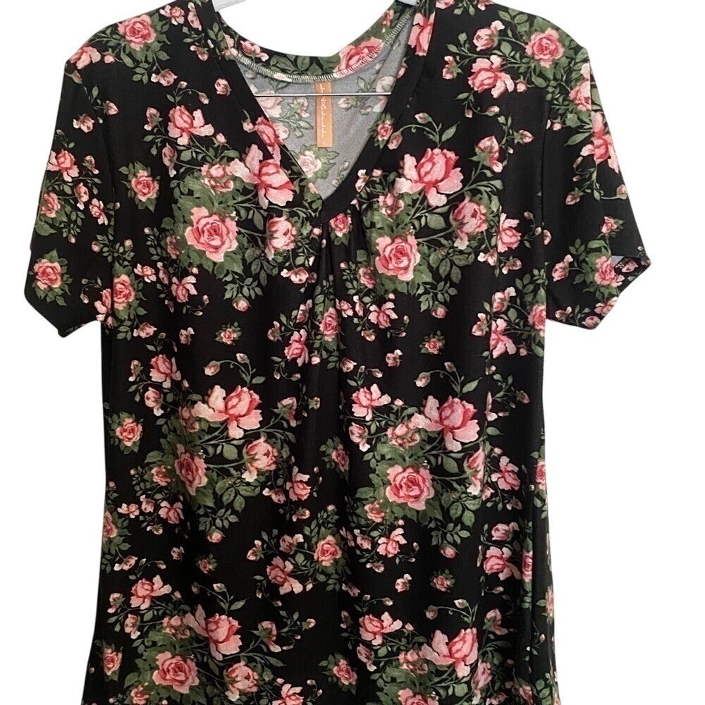 NWOT Liz & Lilli Cottagecore Floral Top Black Pink Short Sleeve Womens Large